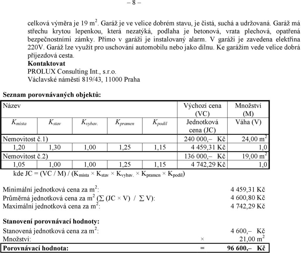 Garáž lze využít pro uschování automobilu nebo jako dílnu. Ke garážím vede velice dobrá příjezdová cesta. Kontaktovat PROLUX Consulting Int., s.r.o. Václavské náměstí 819/43, 11000 Praha Seznam porovnávaných objektů: Název Výchozí cena (VC) Množství (M) K místa K stav K vybav.