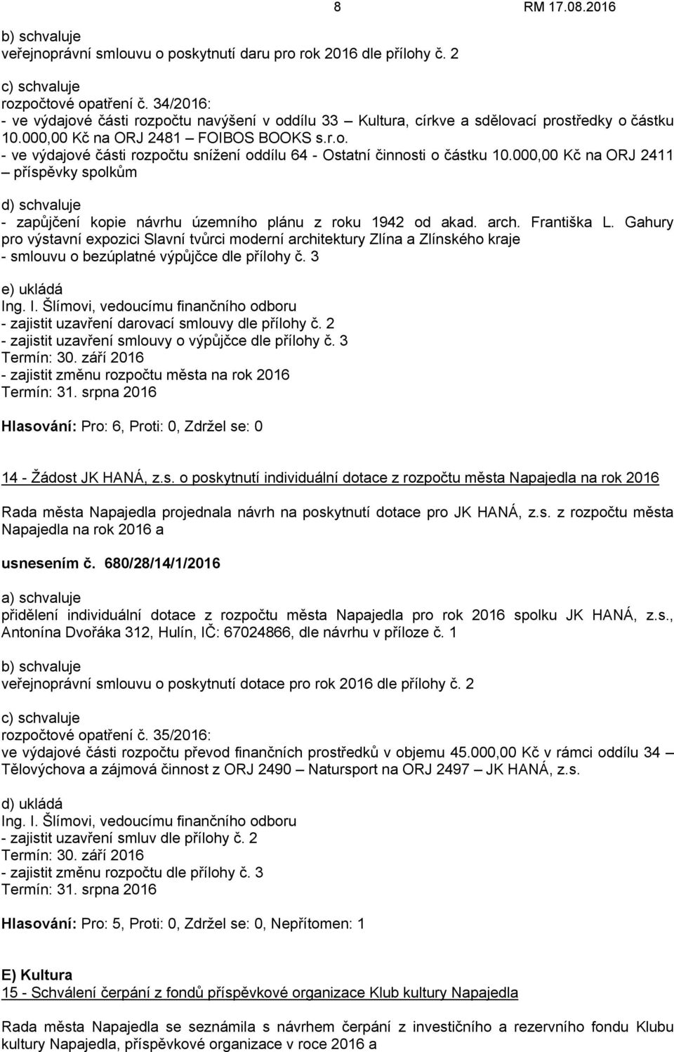 000,00 Kč na ORJ 2411 příspěvky spolkům d) schvaluje - zapůjčení kopie návrhu územního plánu z roku 1942 od akad. arch. Františka L.