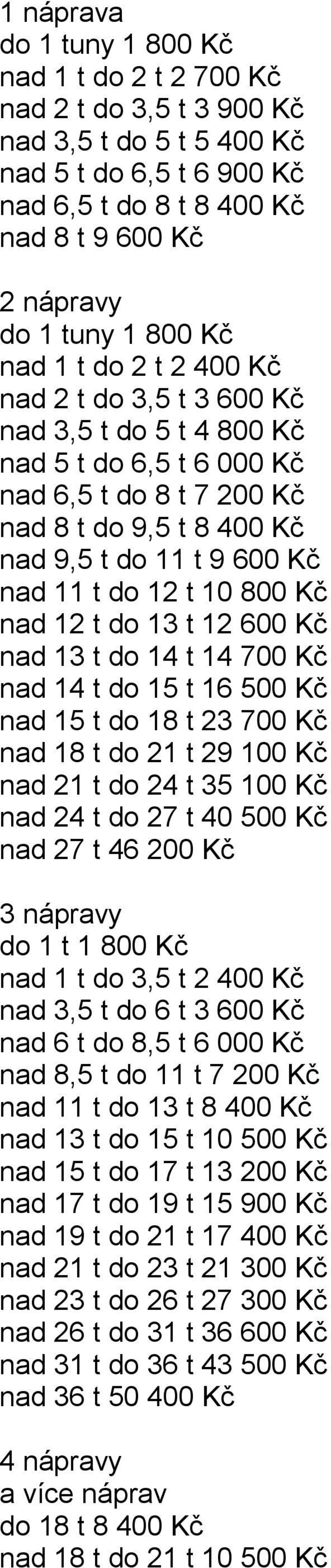t 10 800 Kč nad 12 t do 13 t 12 600 Kč nad 13 t do 14 t 14 700 Kč nad 14 t do 15 t 16 500 Kč nad 15 t do 18 t 23 700 Kč nad 18 t do 21 t 29 100 Kč nad 21 t do 24 t 35 100 Kč nad 24 t do 27 t 40 500
