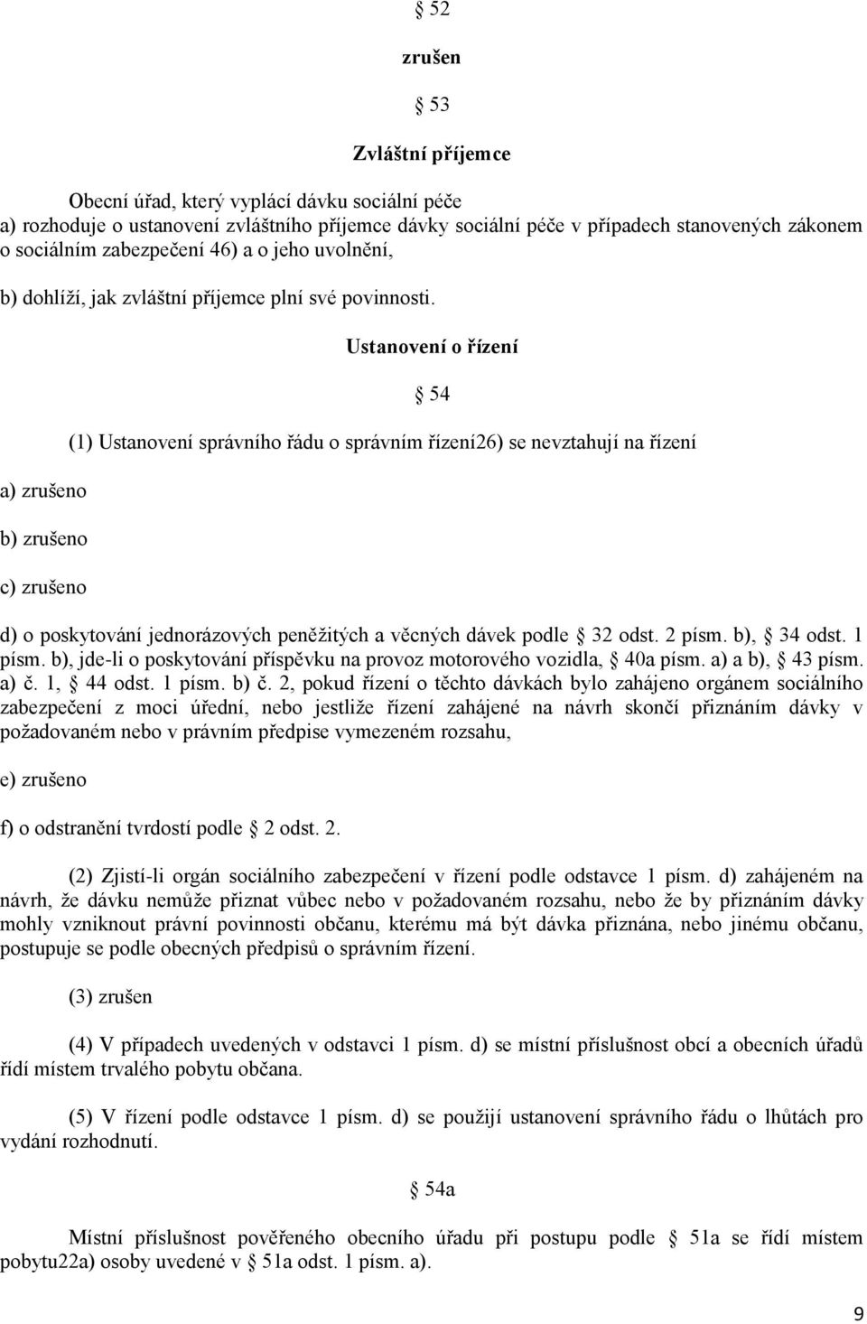 a) o b) o c) o Ustanovení o řízení 54 (1) Ustanovení správního řádu o správním řízení26) se nevztahují na řízení d) o poskytování jednorázových peněžitých a věcných dávek podle 32 odst. 2 písm.