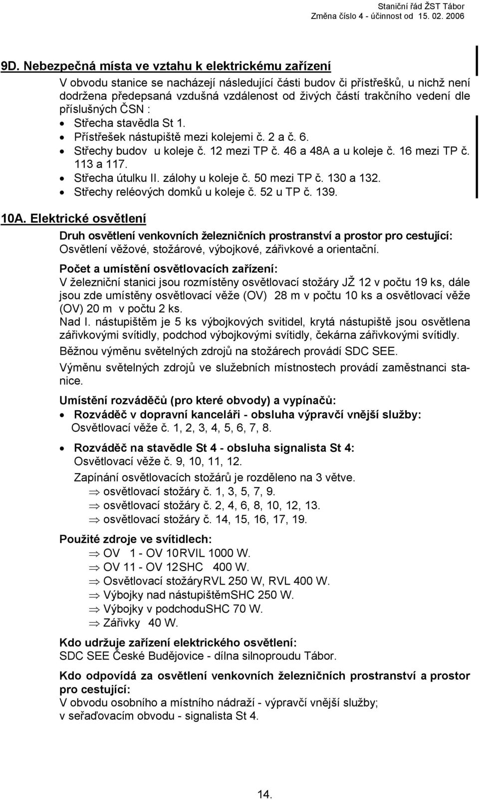 dle příslušných ČSN : Střecha stavědla St 1. Přístřešek nástupiště mezi kolejemi č. 2 a č. 6. Střechy budov u koleje č. 12 mezi TP č. 46 a 48A a u koleje č. 16 mezi TP č. 113 a 117. Střecha útulku II.