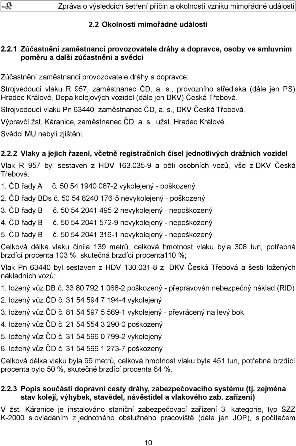 Strojvedoucí vlaku Pn 63440, zaměstnanec ČD, a. s., DKV Česká Třebová. Výpravčí žst. Káranice, zaměstnanec ČD, a. s., užst. Hradec Králové. Svědci MU nebyli zjištěni. 2.