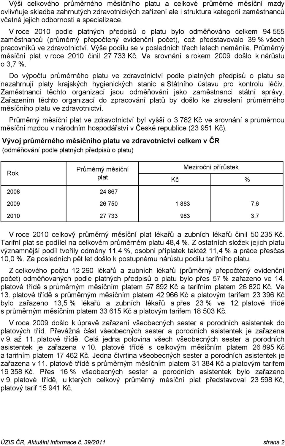 Výše podílu se v posledních třech letech neměnila. Průměrný měsíční plat v roce 2010 činil 27 733 Kč. Ve srovnání s rokem 2009 došlo k nárůstu o 3,7 %.