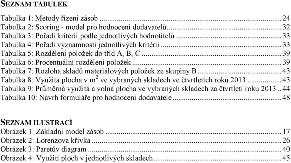 .. 39 Tabulka 7: Rozloha skladů materiálových položek ze skupiny B... 43 Tabulka 8: Využitá plocha v m 2 ve vybraných skladech ve čtvrtletích roku 2013.