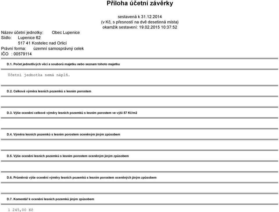 3. Výše ocenění celkové výměry lesních pozemků s lesním porostem ve výši 57 Kč/m2 D.4. Výměra lesních pozemků s lesním porostem oceněným jiným způsobem D.5. Výše ocenění lesních pozemků s lesním porostem oceněným jiným způsobem D.
