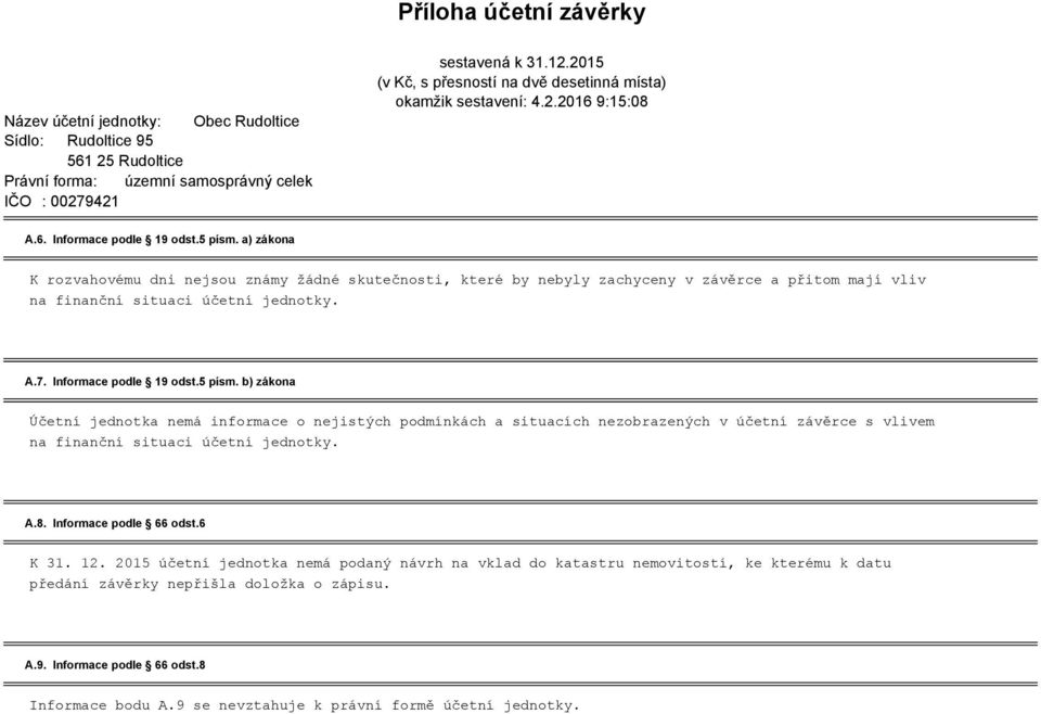 a) zákona K rozvahovému dni nejsou známy žádné skutečnosti, které by nebyly zachyceny v závěrce a přitom mají vliv na finanční situaci účetní jednotky. A.7. Informace podle 19 odst.5 písm.