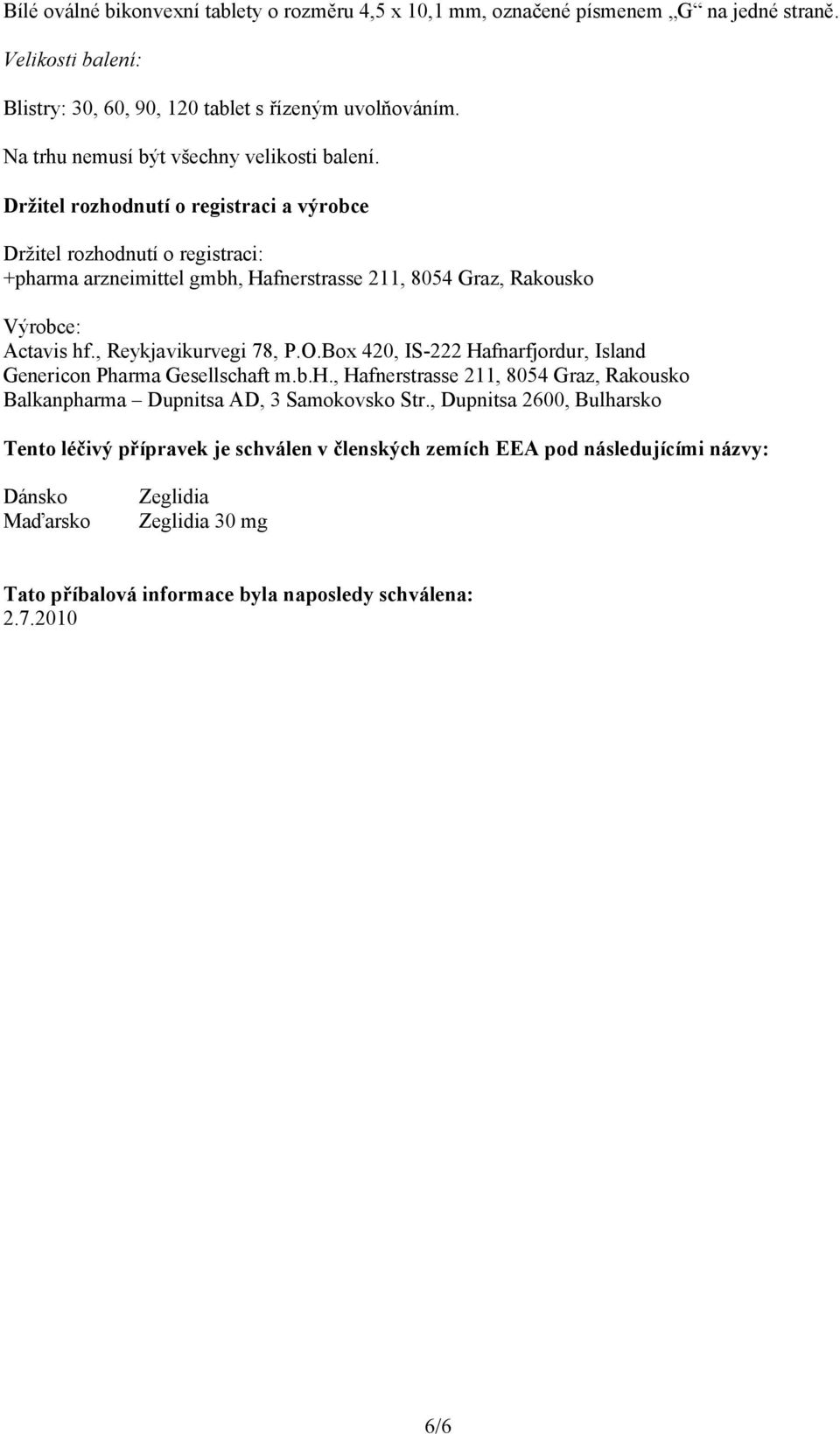 Držitel rozhodnutí o registraci a výrobce Držitel rozhodnutí o registraci: +pharma arzneimittel gmbh, Hafnerstrasse 211, 8054 Graz, Rakousko Výrobce: Actavis hf., Reykjavikurvegi 78, P.O.