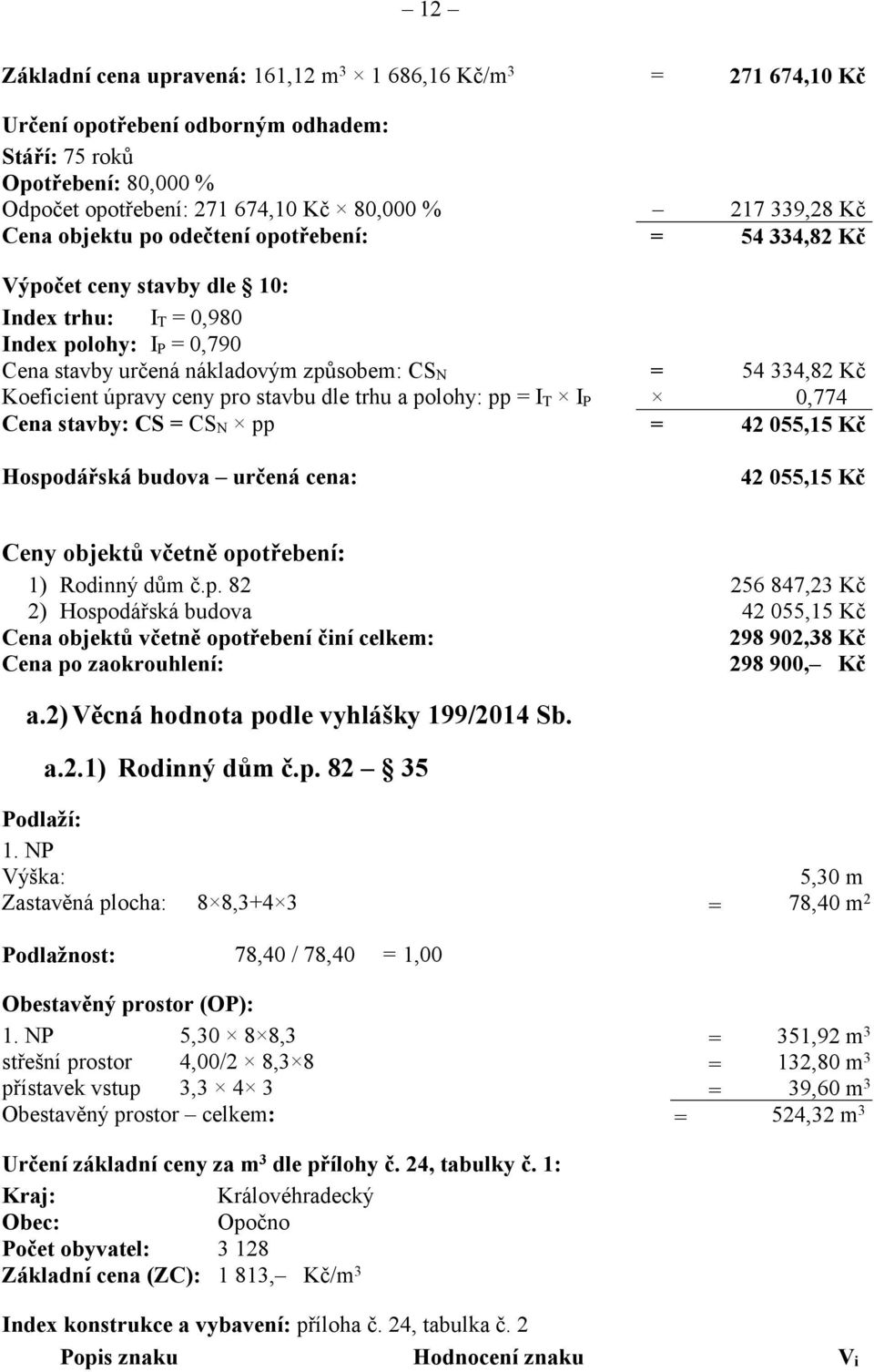 ceny pro stavbu dle trhu a polohy: pp = I T I P 0,774 Cena stavby: CS = CS N pp = 42 055,15 K Hospodáská budova urená cena: 42 055,15 K Ceny objekt vetn opotebení: 1) Rodinný dm.p. 82 256 847,23 K 2) Hospodáská budova 42 055,15 K Cena objekt vetn opotebení iní celkem: 298 902,38 K Cena po zaokrouhlení: 298 900, K a.