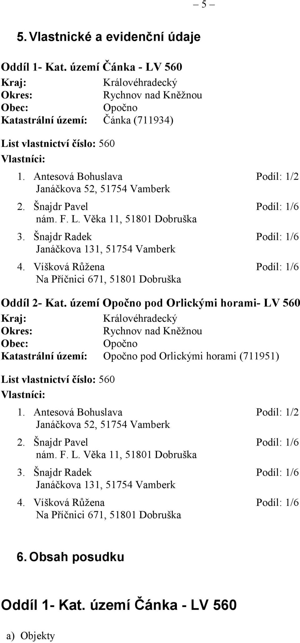 Víšková Ržena Podíl: 1/6 Na Pínici 671, 51801 Dobruška Oddíl 2- Kat.