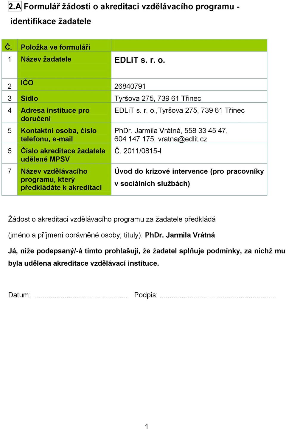2 IČO 26840791 3 Sídlo Tyršova 275, 739 61 Třinec 4 Adresa instituce pro doručení 5 Kontaktní osoba, číslo telefonu, e-mail 6 Číslo akreditace žadatele udělené MPSV 7 Název vzdělávacího programu,