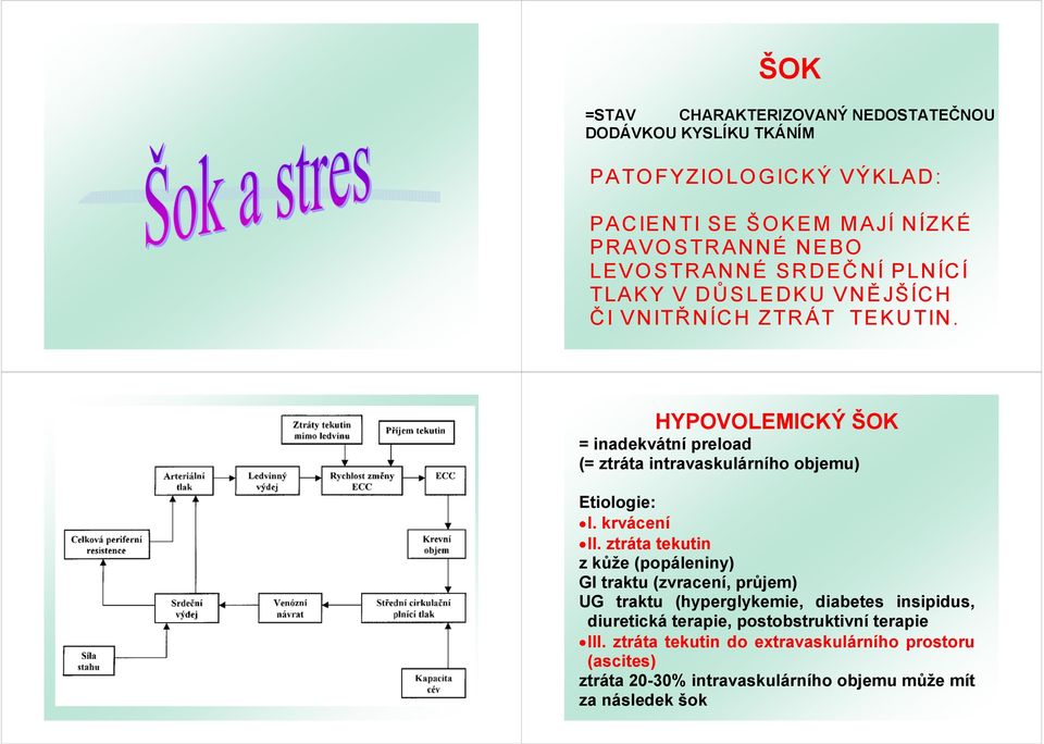 HYPOVOLEMICKÝ ŠOK = inadekvátní preload (= ztráta intravaskulárního objemu) Etiologie: I. krvácení II.