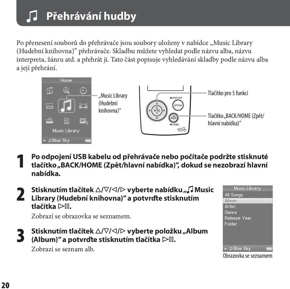 Music Library (Hudební knihovna) Tlačítko pro 5 funkcí Tlačítko BACK/HOME (Zpět/ hlavní nabídka) 1 Po 2 Stisknutím 3 Stisknutím odpojení USB kabelu od přehrávače nebo počítače podržte stisknuté