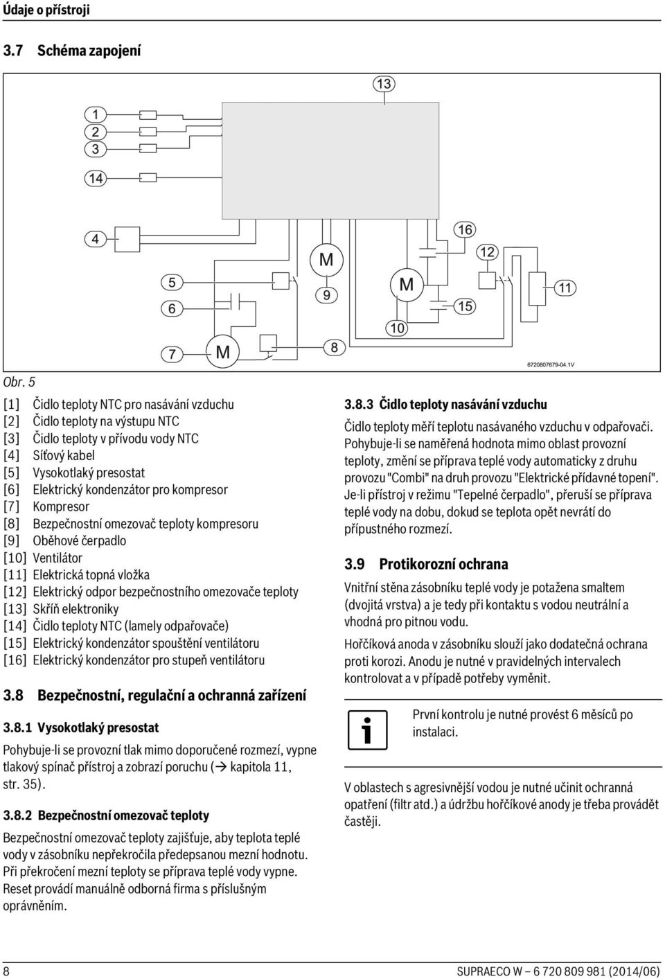 [7] Kompresor [8] Bezpečnostní omezovač teploty kompresoru [9] Oběhové čerpadlo [10] Ventilátor [11] Elektrická topná vložka [12] Elektrický odpor bezpečnostního omezovače teploty [13] Skříň