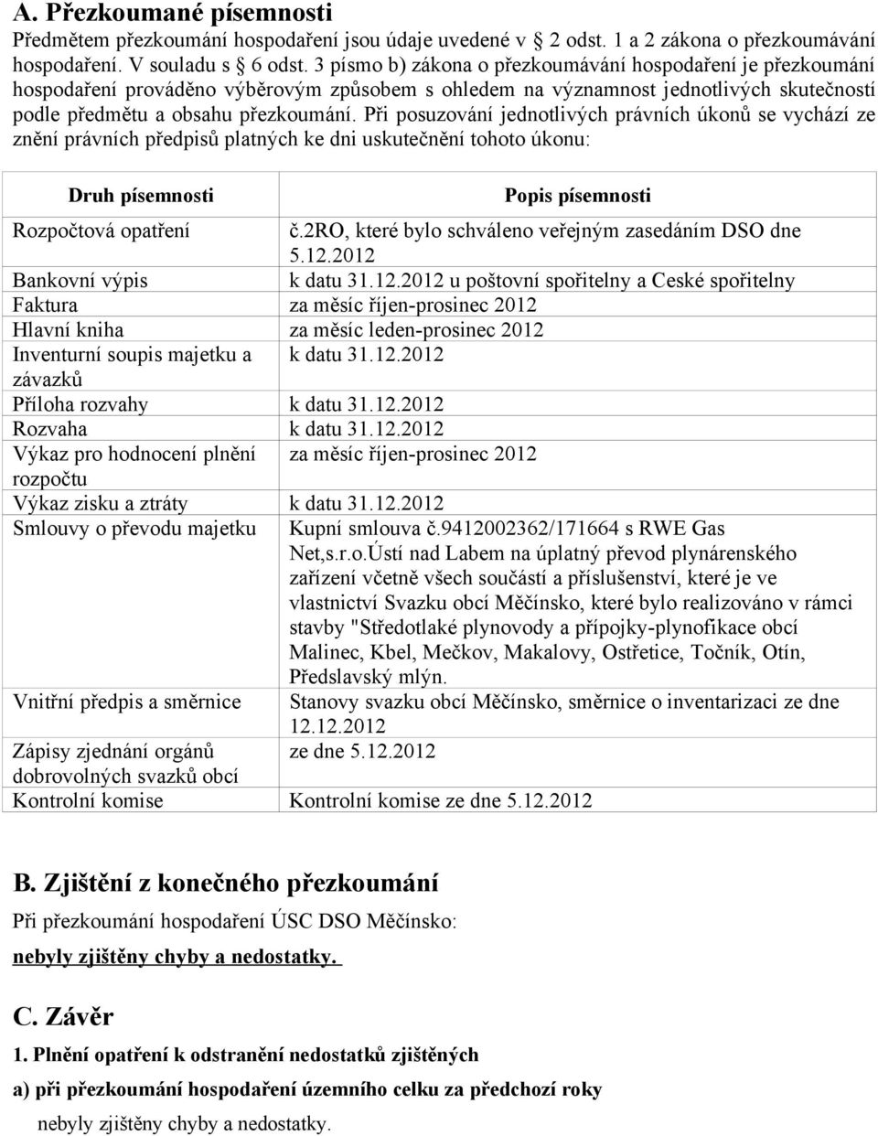 Při posuzování jednotlivých právních úkonů se vychází ze znění právních předpisů platných ke dni uskutečnění tohoto úkonu: Druh písemnosti Popis písemnosti Rozpočtová opatření č.