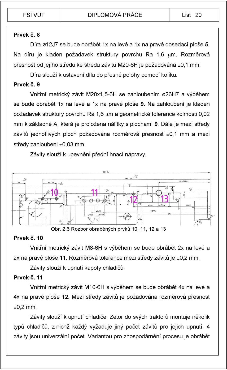 9 Vnitřní metrický závit M20x1,5-6H se zahloubením ø26h7 a výběhem se bude obrábět 1x na levé a 1x na pravé ploše 9.