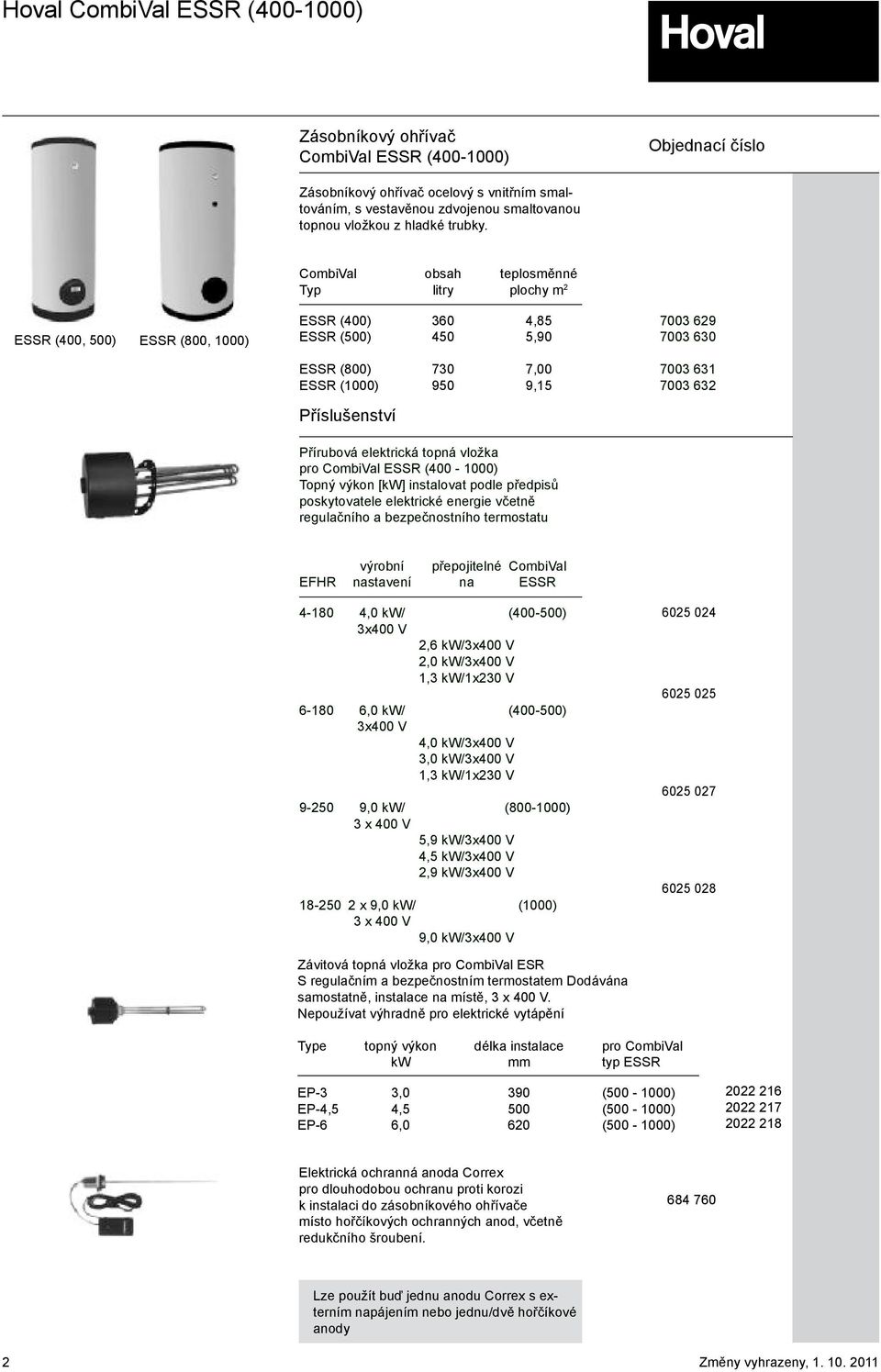vložka pro CombiVal ESSR (400-000) Topný výkon [kw] instalovat podle předpisů poskytovatele elektrické energie včetně regulačního a bezpečnostního termostatu 7003 629 7003 630 7003 63 7003 632