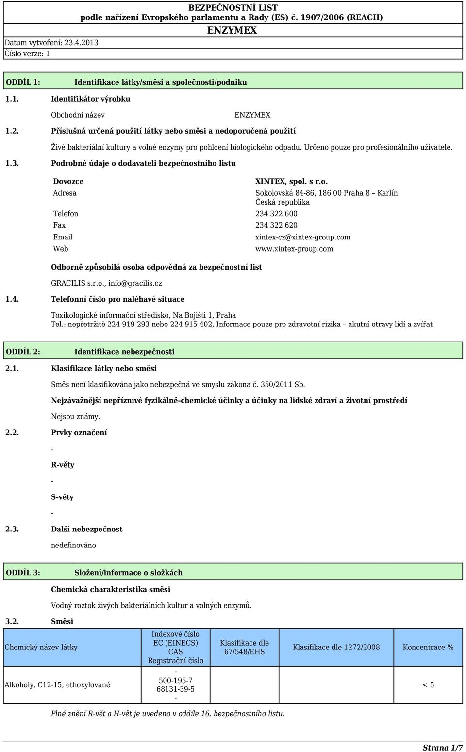 Podrobné údaje o dodavateli bezpečnostního listu Dovozce Adresa XINTEX, spol. s r.o. Telefon 234 322 600 Fax 234 322 620 Email Web Odborně způsobilá osoba odpovědná za bezpečnostní list GRACILIS s.r.o., info@gracilis.