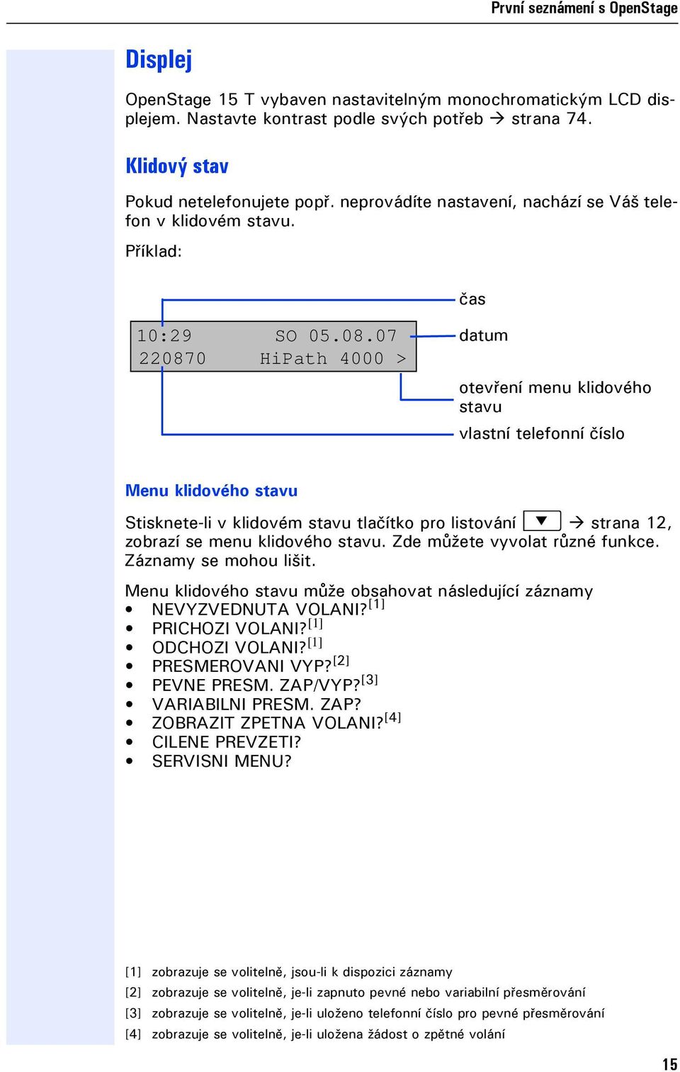 07 220870 HiPath 4000 > datum otevření menu klidového stavu vlastní teleonní číslo Menu klidového stavu Stisknete-li v klidovém stavu tlačítko pro listování : strana 12, zobrazí se menu klidového
