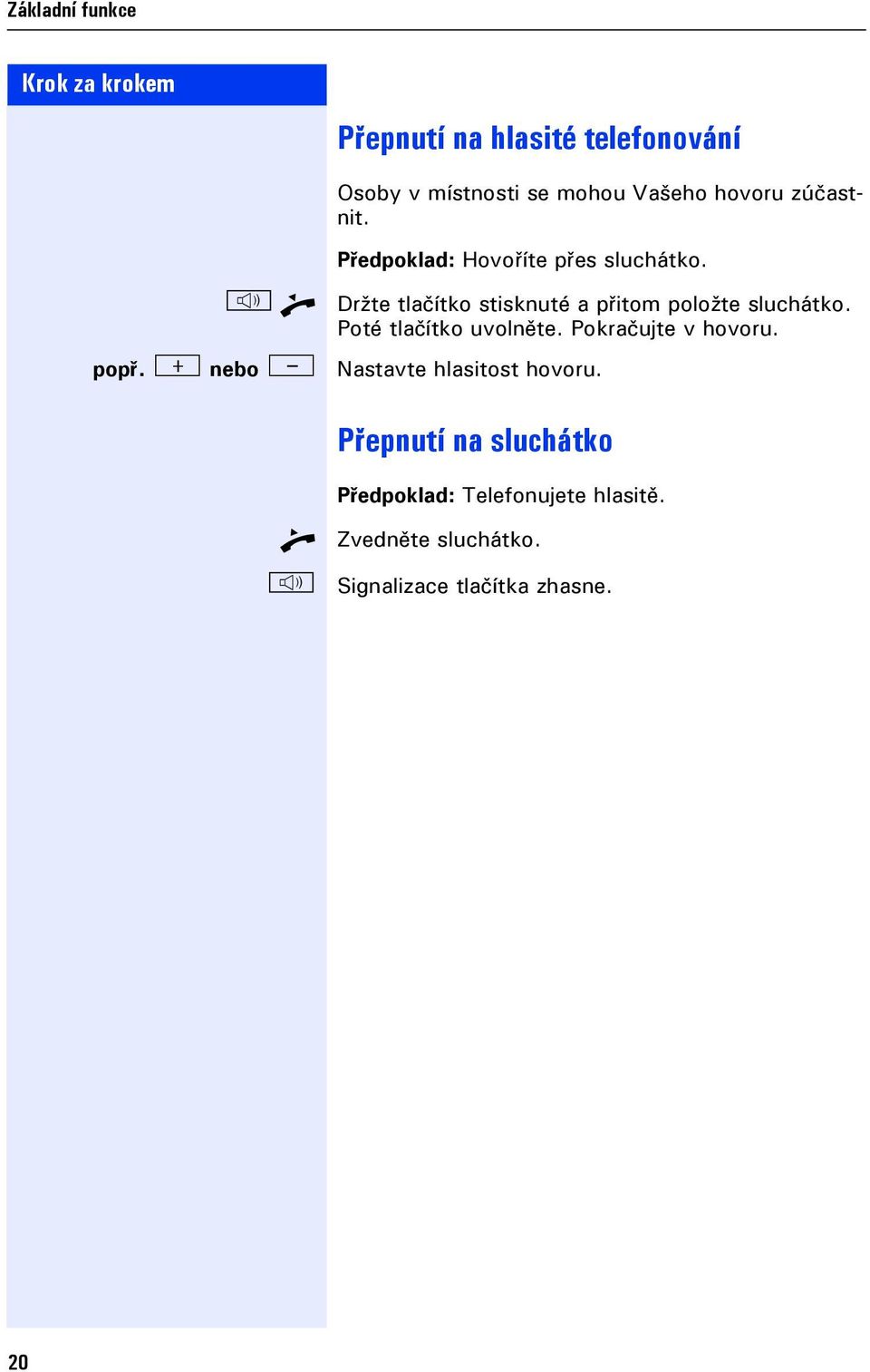 n] Držte tlačítko stisknuté a přitom položte sluchátko. Poté tlačítko uvolněte.