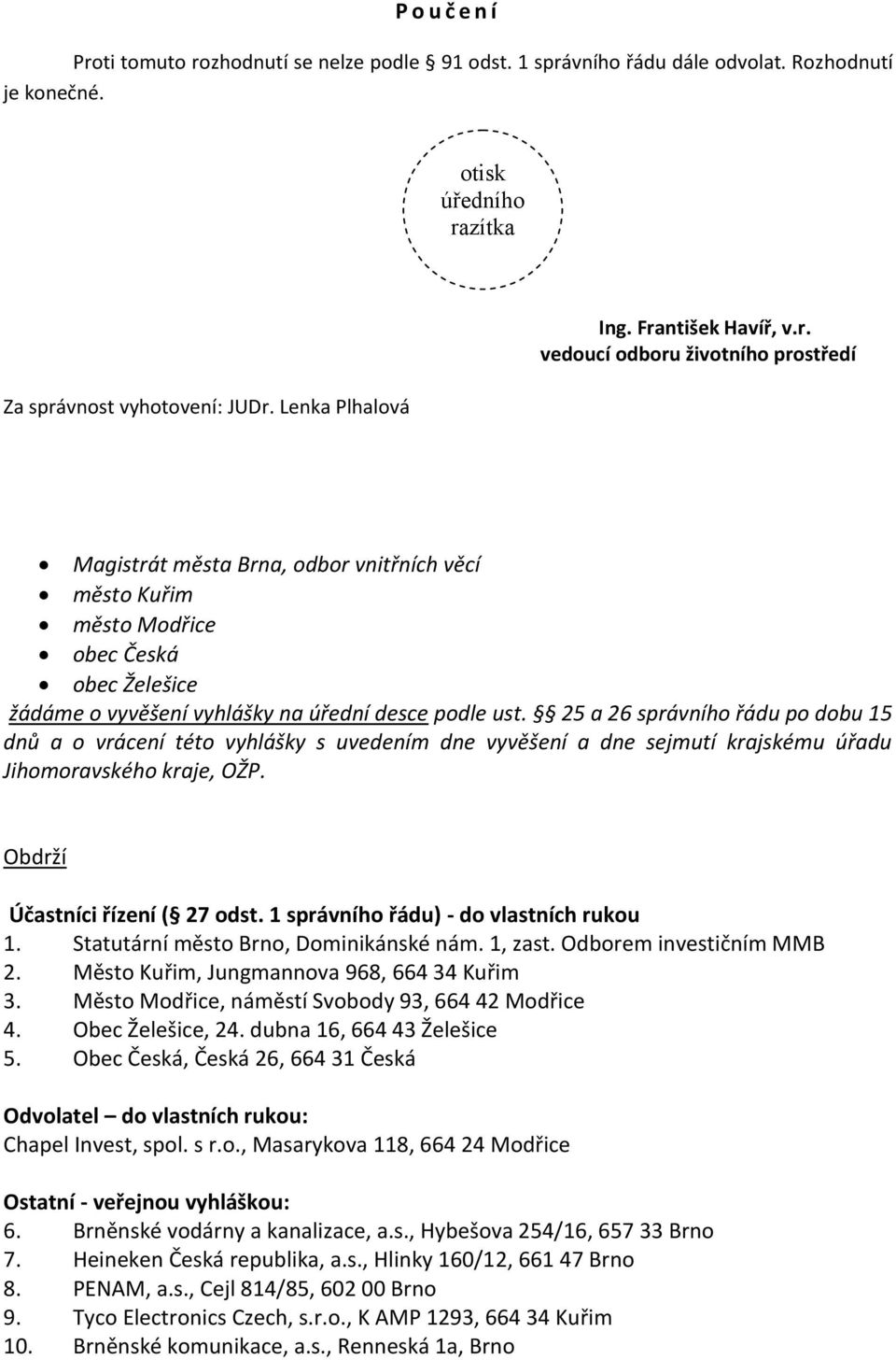 25 a 26 správního řádu po dobu 15 dnů a o vrácení této vyhlášky s uvedením dne vyvěšení a dne sejmutí krajskému úřadu Jihomoravského kraje, OŽP. Obdrží Účastníci řízení ( 27 odst.