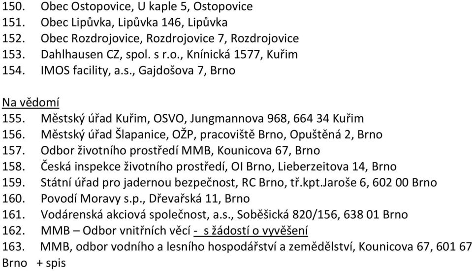 Odbor životního prostředí MMB, Kounicova 67, Brno 158. Česká inspekce životního prostředí, OI Brno, Lieberzeitova 14, Brno 159. Státní úřad pro jadernou bezpečnost, RC Brno, tř.kpt.