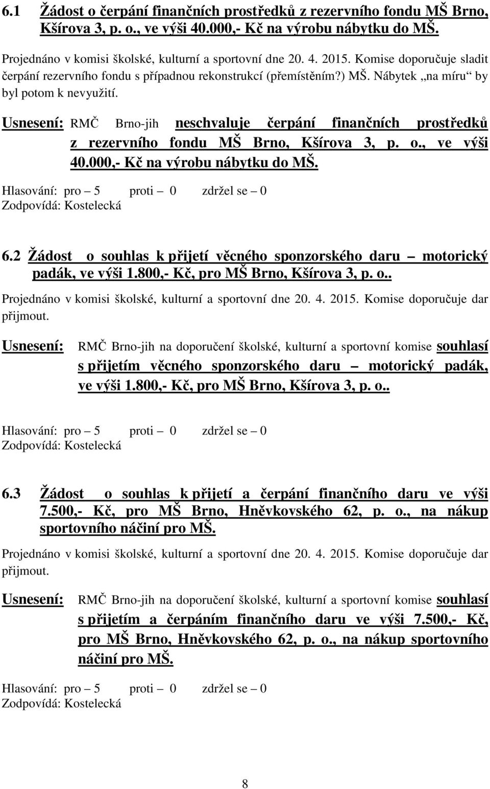Usnesení: RMČ Brno-jih neschvaluje čerpání finančních prostředků z rezervního fondu MŠ Brno, Kšírova 3, p. o., ve výši 40.000,- Kč na výrobu nábytku do MŠ. Zodpovídá: Kostelecká 6.