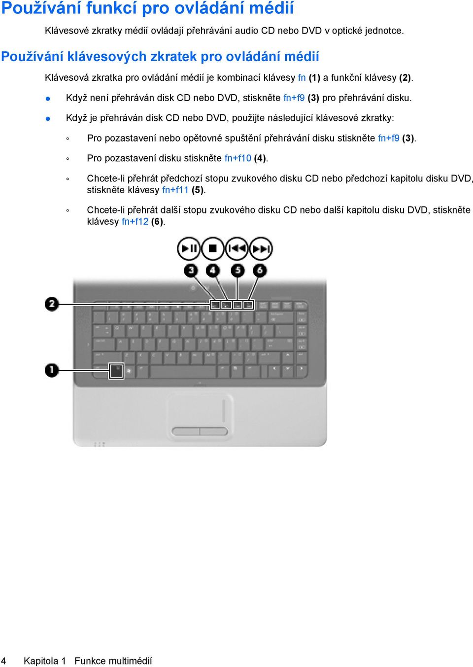 Když není přehráván disk CD nebo DVD, stiskněte fn+f9 (3) pro přehrávání disku.