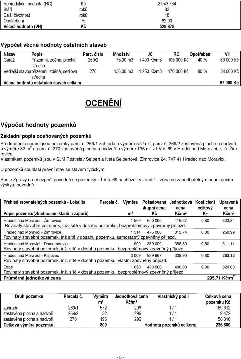 000 Kč 80 % 34 000 Kč střecha Věcná hodnota ostatních staveb celkem 97 000 Kč OCENĚNÍ Výpočet hodnoty pozemků Základní popis oceňovaných pozemků Předmětem ocenění jsou pozemky parc. č.