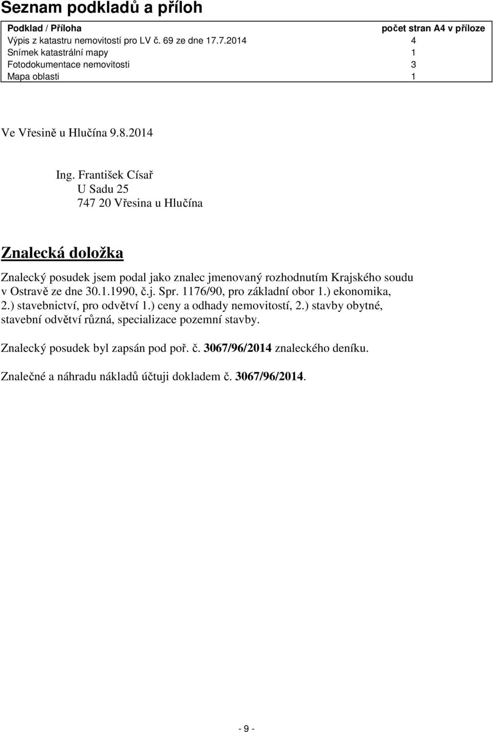 František Císař U Sadu 25 747 20 Vřesina u Hlučína Znalecká doložka Znalecký posudek jsem podal jako znalec jmenovaný rozhodnutím Krajského soudu v Ostravě ze dne 30.1.1990, č.j. Spr.