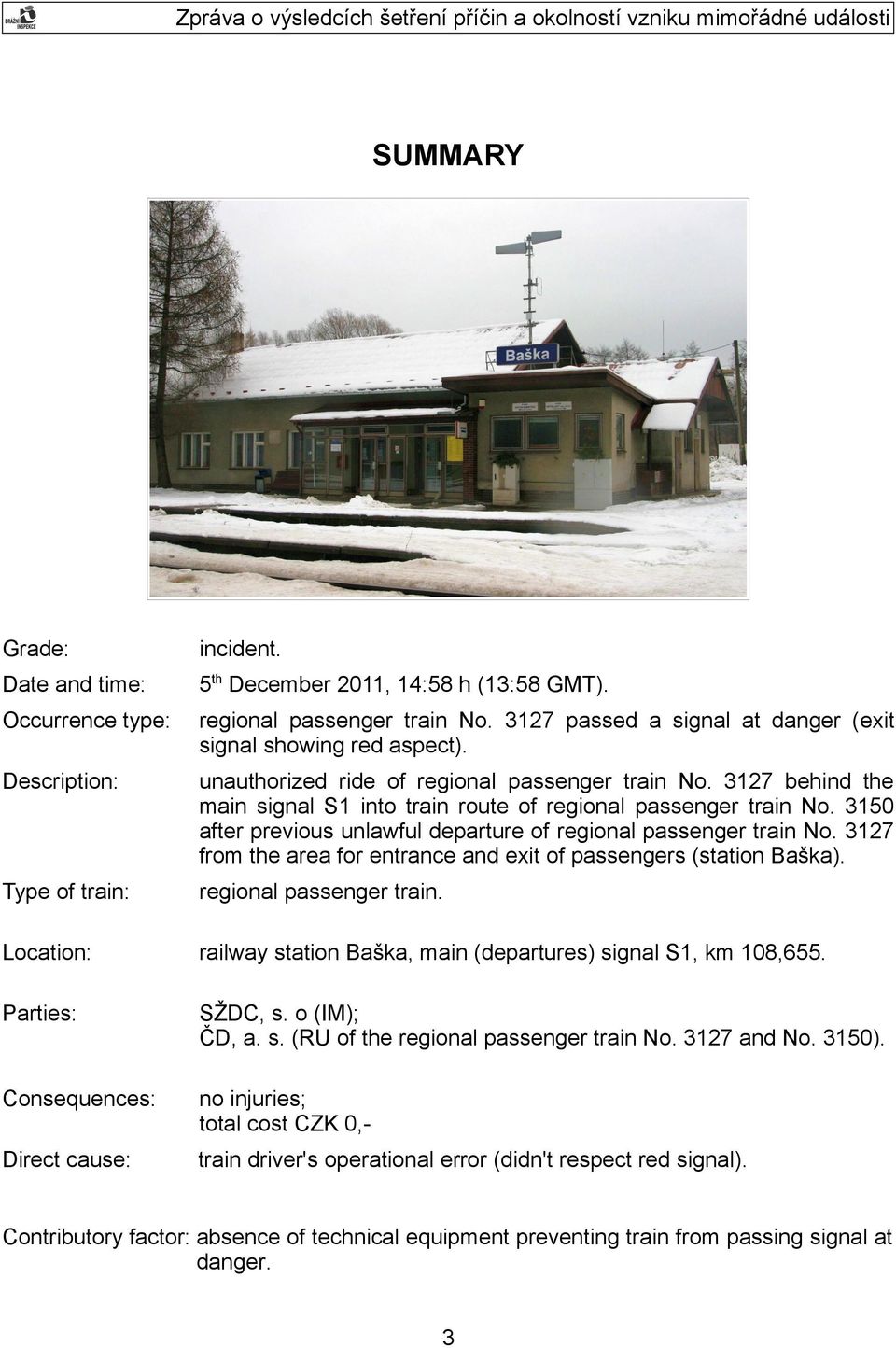 3150 after previous unlawful departure of regional passenger train No. 3127 from the area for entrance and exit of passengers (station Baška). regional passenger train. Location: railway station Baška, main (departures) signal S1, km 108,655.