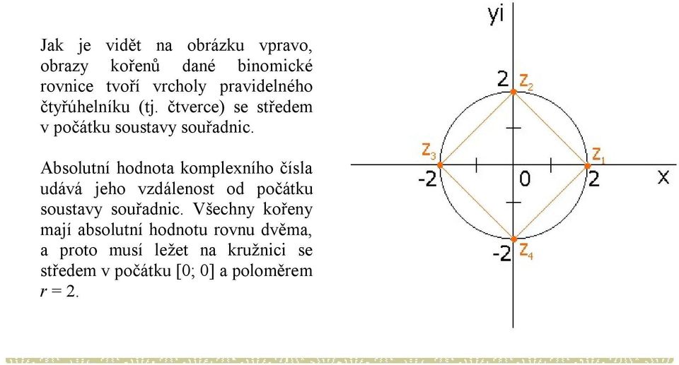 Absolutí hodota komplexího čísla udává jeho vdáleost od počátku soustavy souřadc.