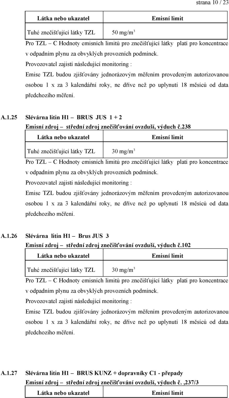26 Slévárna litin H1 Brus JUS 3 Emisní zdroj střední zdroj znečišťování ovzduší, výduch č.