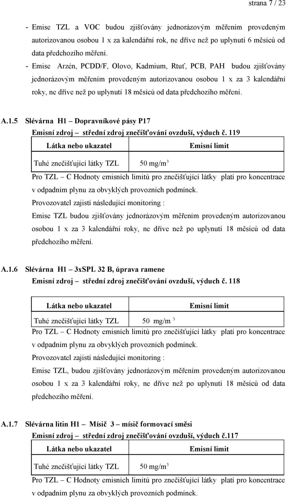 x za 3 kalendářní roky, ne dříve než po uplynutí 18 měsíců od data A.1.5 Slévárna H1 Dopravníkové pásy P17 Emisní zdroj střední zdroj znečišťování ovzduší, výduch č. 119 A.1.6 Slévárna H1 3xSPL 32 B, úprava ramene Emisní zdroj střední zdroj znečišťování ovzduší, výduch č.