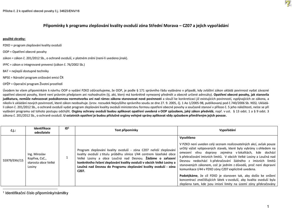 ) BAT = nejlepší dostupné techniky NPSE = Národní program snižování emisí ČR OPŽP = Operační program Životní prostředí Úvodem ke všem připomínkám k návrhu OOP o vydání PZKO zdůrazňujeme, že OOP, je