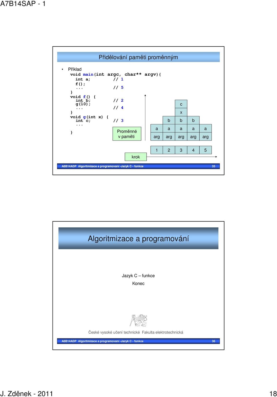 .. Proměnné v paměti b c x b a a a a a arg arg arg arg arg b krok 1 2 3 4 5 A8B14ADP Algoritmizace a programovaní