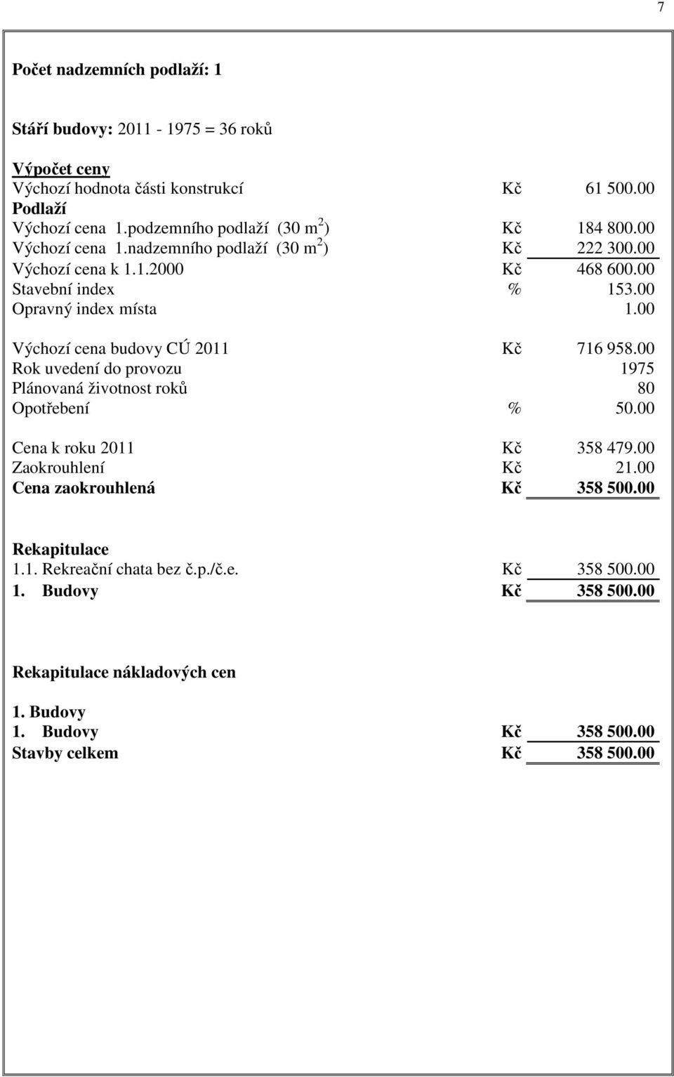 00 Opravný index místa 1.00 Výchozí cena budovy CÚ 2011 Kč 716 958.00 Rok uvedení do provozu 1975 Plánovaná životnost roků 80 Opotřebení % 50.00 Cena k roku 2011 Kč 358 479.