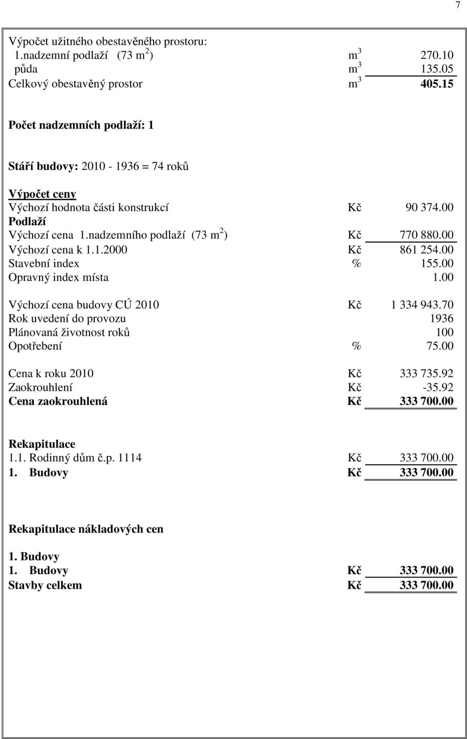 00 Výchozí cena k 1.1.2000 Kč 861 254.00 Stavební index % 155.00 Opravný index místa 1.00 Výchozí cena budovy CÚ 2010 Kč 1 334 943.