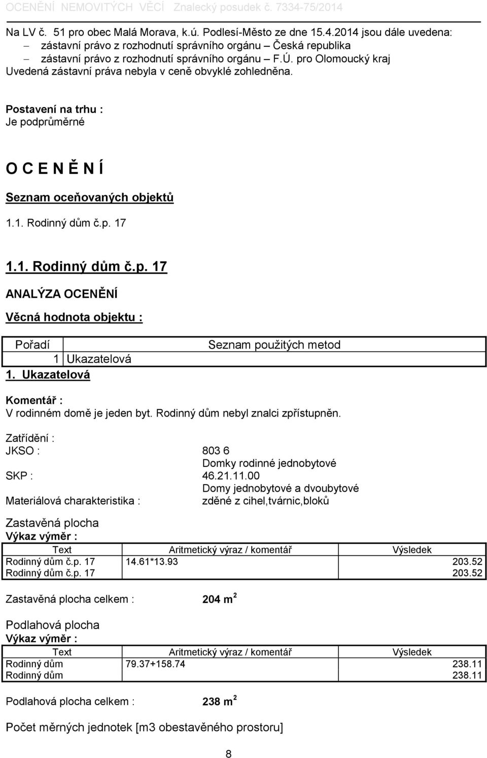 Ukazatelová Seznam použitých metod V rodinném domě je jeden byt. Rodinný dům nebyl znalci zpřístupněn. Zatřídění : JKSO : 803 6 Domky rodinné jednobytové SKP : 46.21.11.