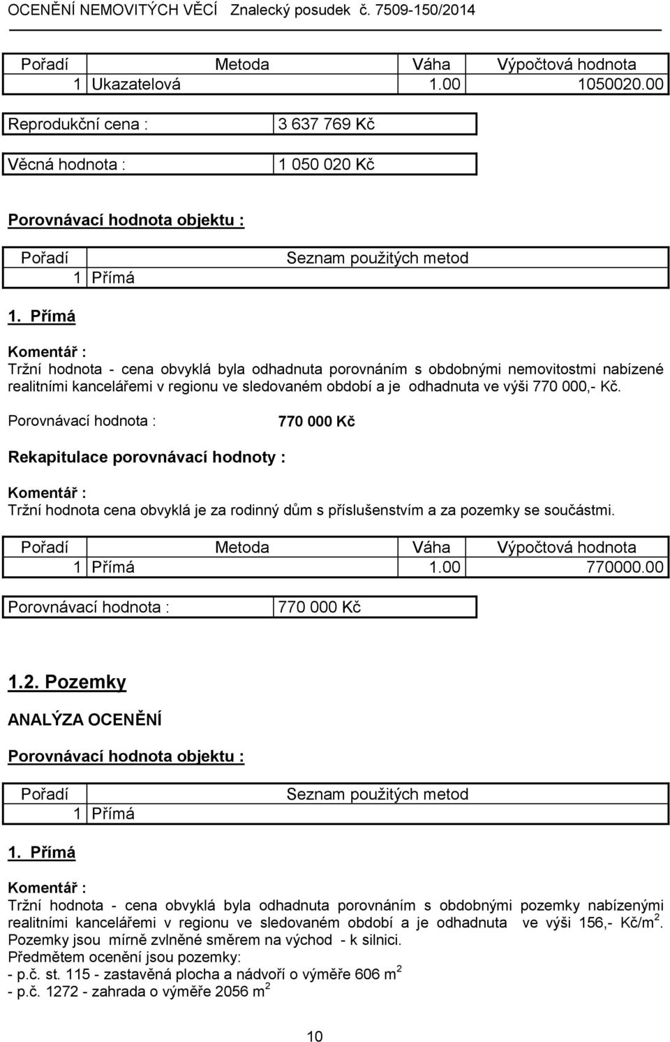 Porovnávací hodnota : 770 000 Kč Rekapitulace porovnávací hodnoty : Tržní hodnota cena obvyklá je za rodinný dům s příslušenstvím a za pozemky se součástmi.