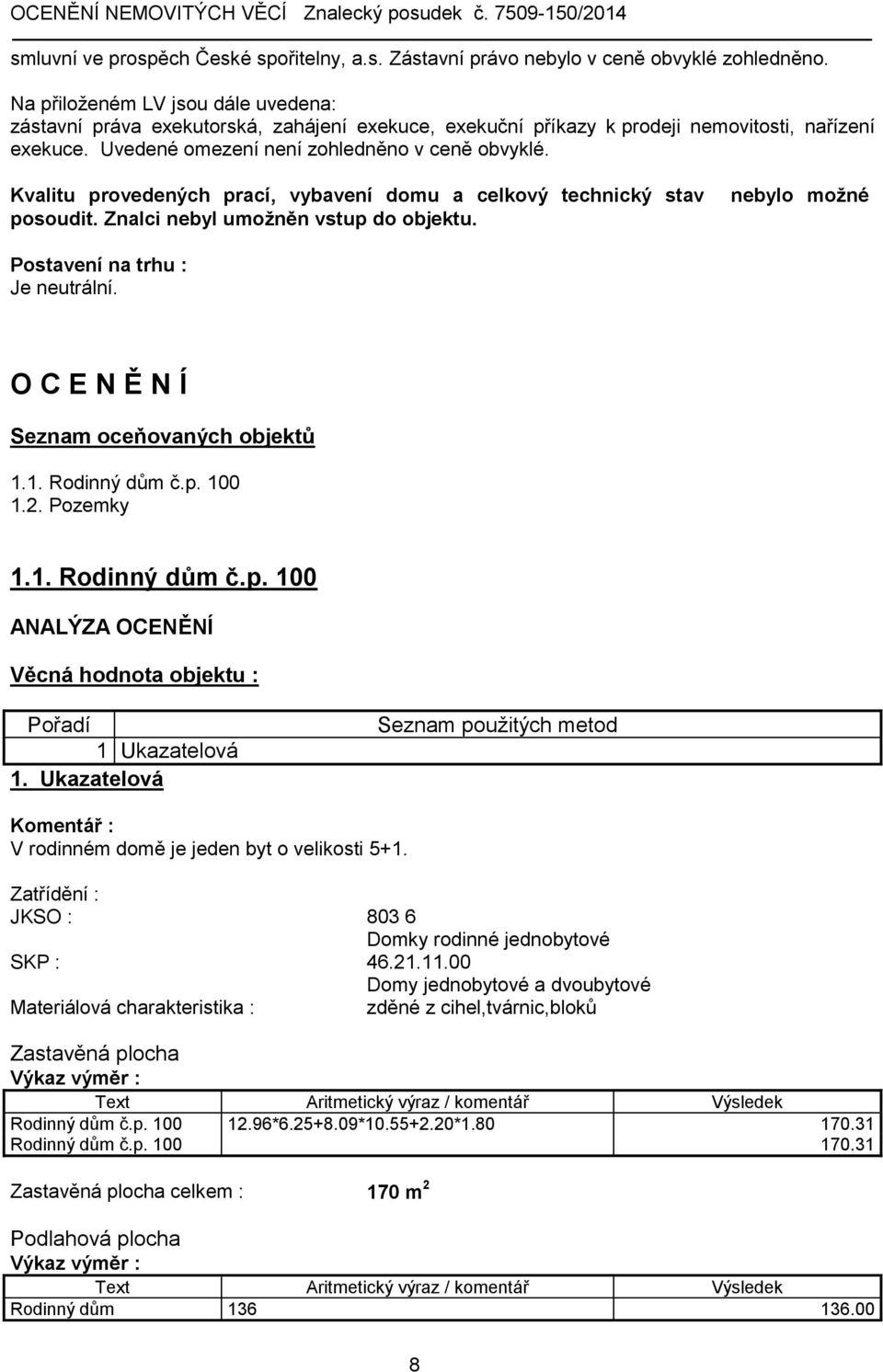 Kvalitu provedených prací, vybavení domu a celkový technický stav posoudit. Znalci nebyl umožněn vstup do objektu. nebylo možné Postavení na trhu : Je neutrální.