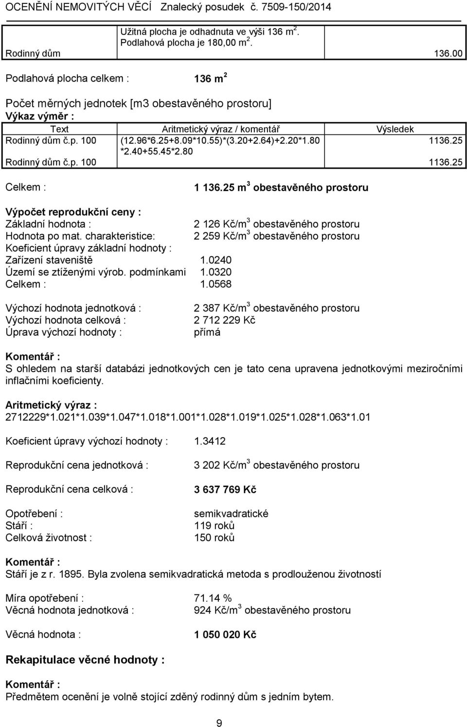 64)+2.20*1.80 1136.25 *2.40+55.45*2.80 Rodinný dům č.p. 100 1136.25 Celkem : 1 136.