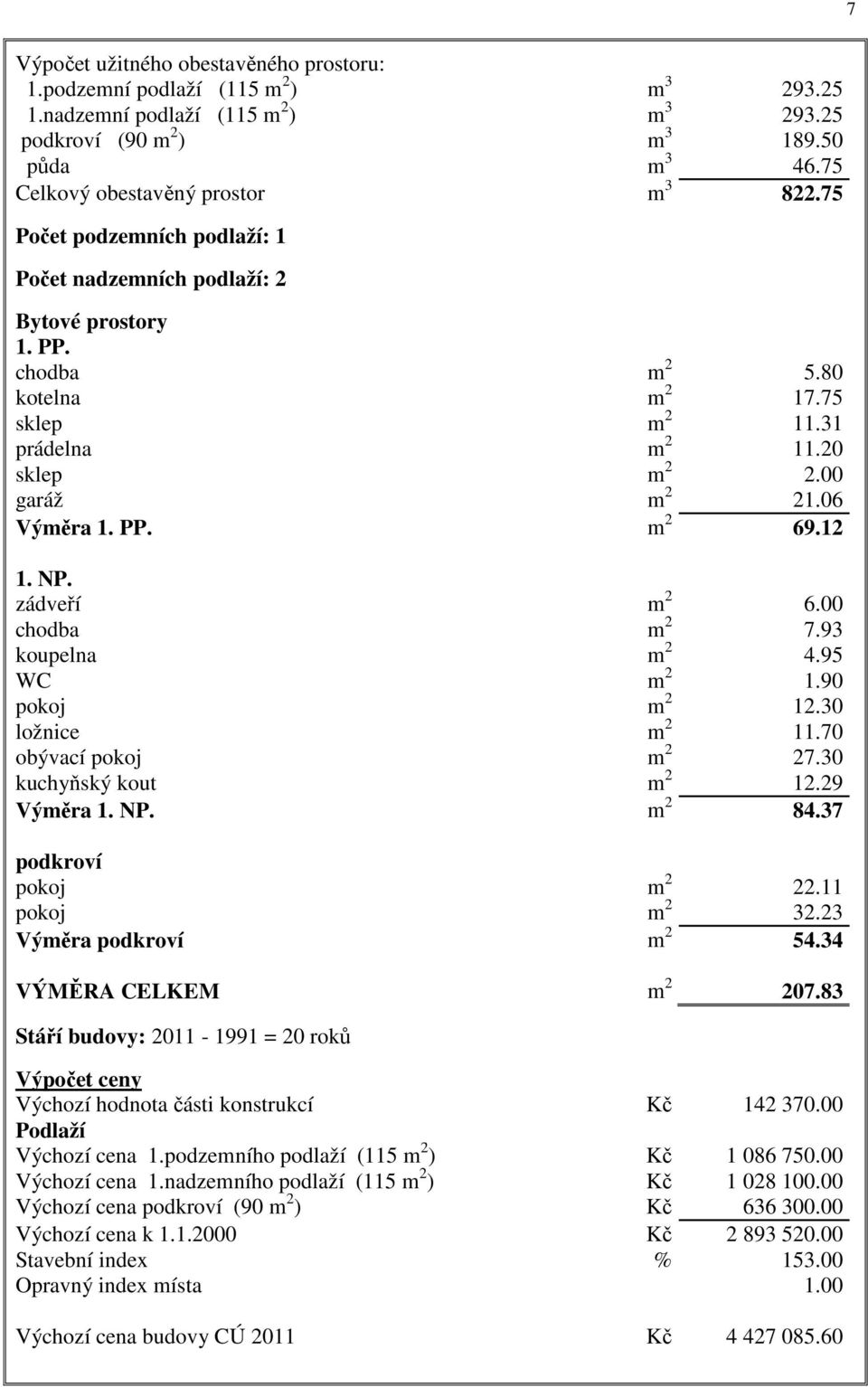 20 sklep m 2 2.00 garáž m 2 21.06 Výměra 1. PP. m 2 69.12 1. NP. zádveří m 2 6.00 chodba m 2 7.93 koupelna m 2 4.95 WC m 2 1.90 pokoj m 2 12.30 ložnice m 2 11.70 obývací pokoj m 2 27.