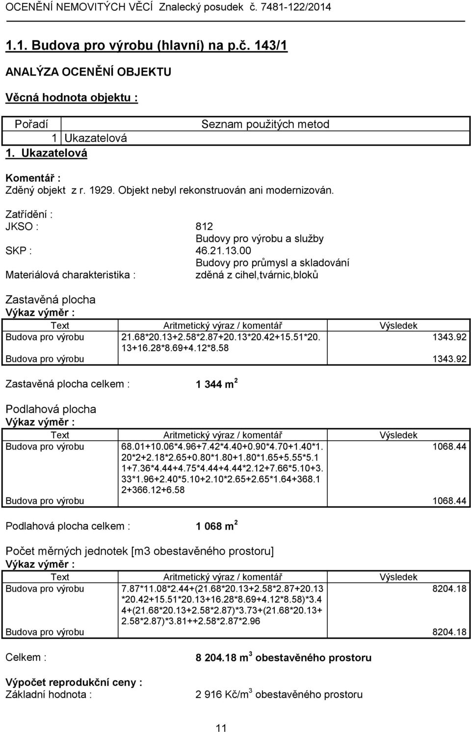 00 Budovy pro průmysl a skladování Materiálová charakteristika : zděná z cihel,tvárnic,bloků Zastavěná plocha Budova pro výrobu 21.68*20.13+2.58*2.87+20.13*20.42+15.51*20. 1343.92 13+16.28*8.69+4.