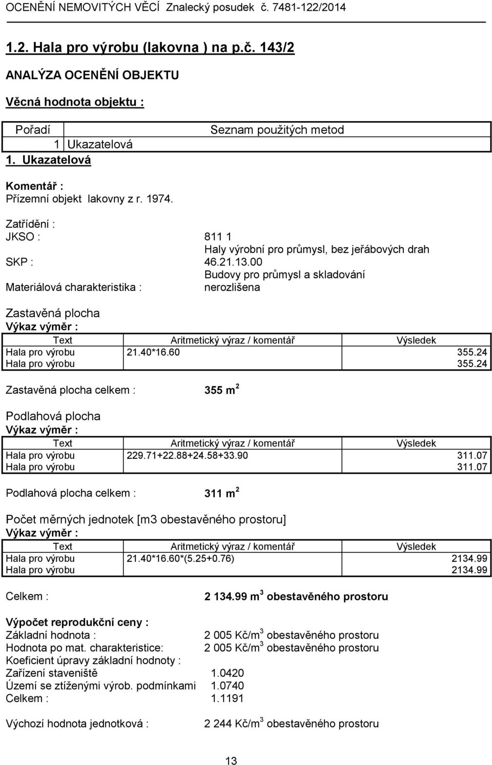 40*16.60 355.24 Hala pro výrobu 355.24 Zastavěná plocha celkem : 355 m 2 Podlahová plocha Hala pro výrobu 229.71+22.88+24.58+33.90 311.07 Hala pro výrobu 311.