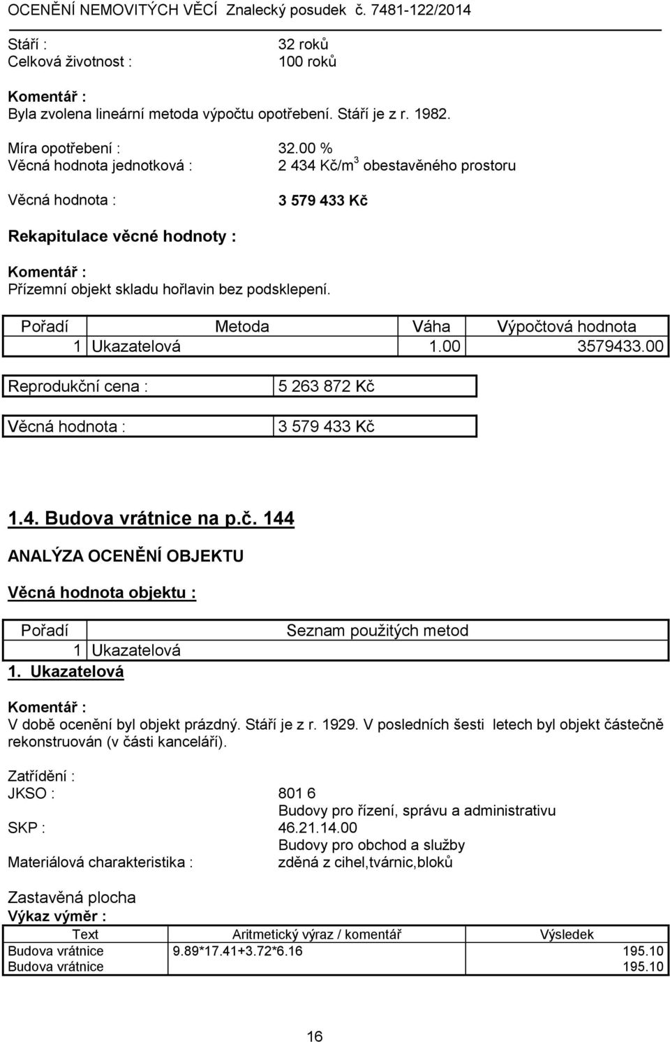 Pořadí Metoda Váha Výpočtová hodnota 1 Ukazatelová 1.00 3579433.00 Reprodukční cena : Věcná hodnota : 5 263 872 Kč 3 579 433 Kč 1.4. Budova vrátnice na p.č. 144 ANALÝZA OCENĚNÍ OBJEKTU Věcná hodnota objektu : Pořadí 1 Ukazatelová 1.