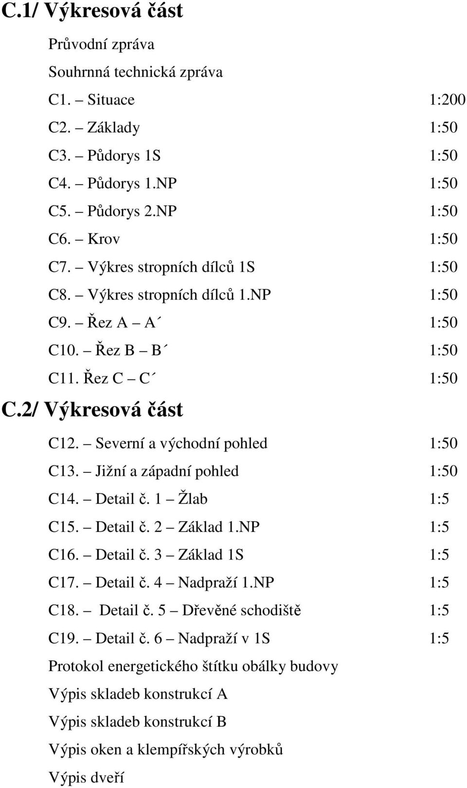 Jižní a západní pohled 1:50 C14. Detail č. 1 Žlab 1:5 C15. Detail č. 2 Základ 1.NP 1:5 C16. Detail č. 3 Základ 1S 1:5 C17. Detail č. 4 Nadpraží 1.NP 1:5 C18. Detail č. 5 Dřevěné schodiště 1:5 C19.