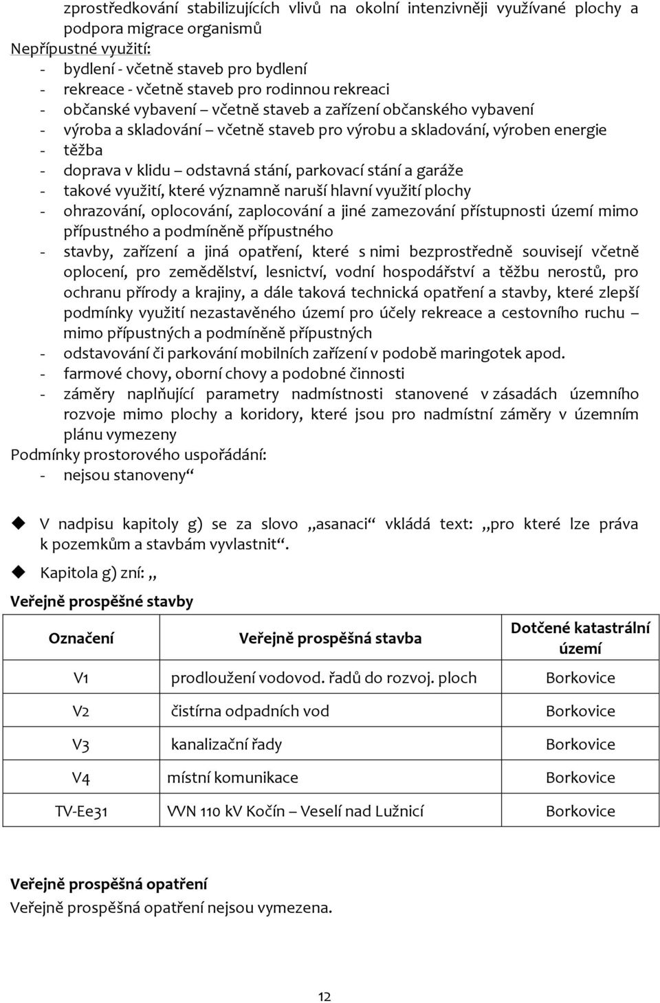 stání, parkovací stání a garáže - takové využití, které významně naruší hlavní využití plochy - ohrazování, oplocování, zaplocování a jiné zamezování přístupnosti území mimo přípustného a podmíněně