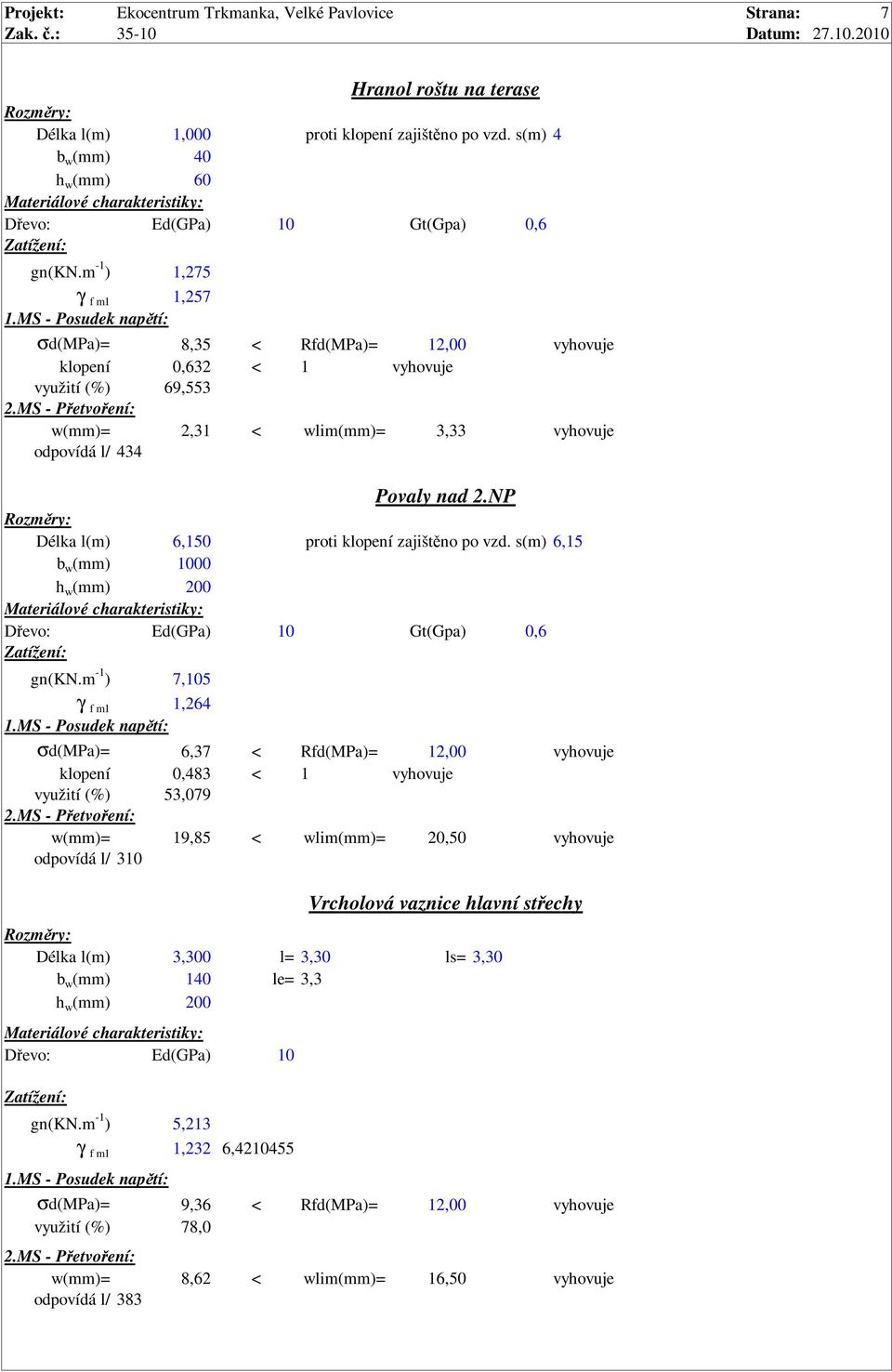 MS - Posudek napětí: σd(mpa)= 8,35 < Rfd(MPa)= 1,00 klopení 0,63 < 1 vyhovuje využití (%) 69,553.MS - Přetvoření: w()=,31 < wli()= 3,33 odpovídá l/ 434 Povaly nad.