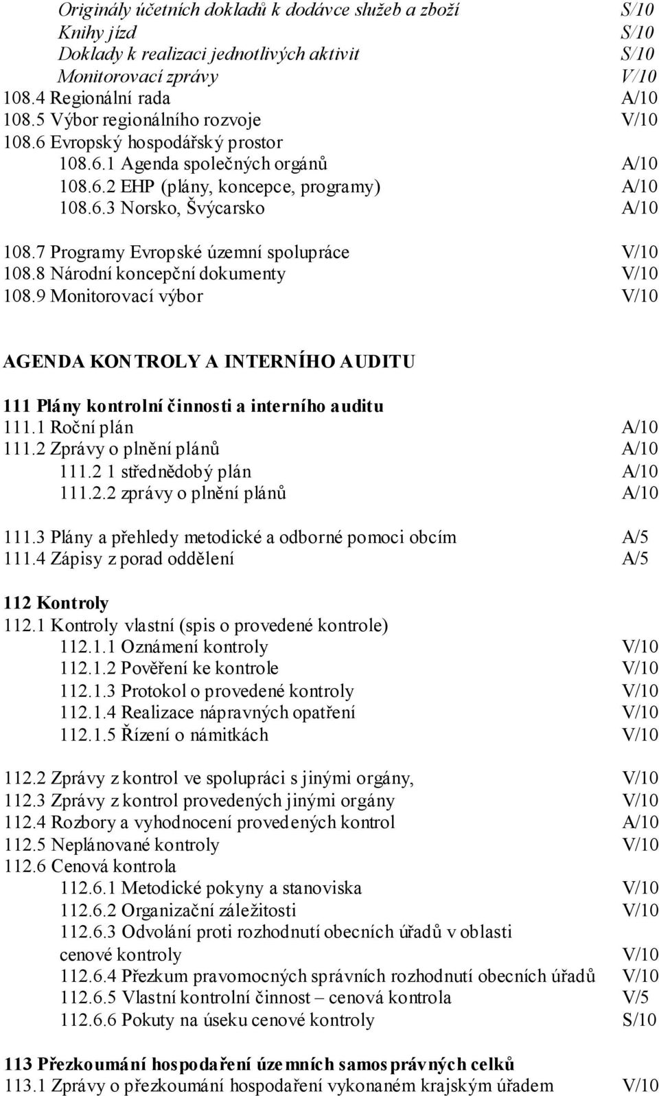 7 Programy Evropské územní spolupráce V/10 108.8 Národní koncepční dokumenty V/10 108.9 Monitorovací výbor V/10 AGENDA KONTROLY A INTERNÍHO AUDITU 111 Plány kontrolní činnosti a interního auditu 111.