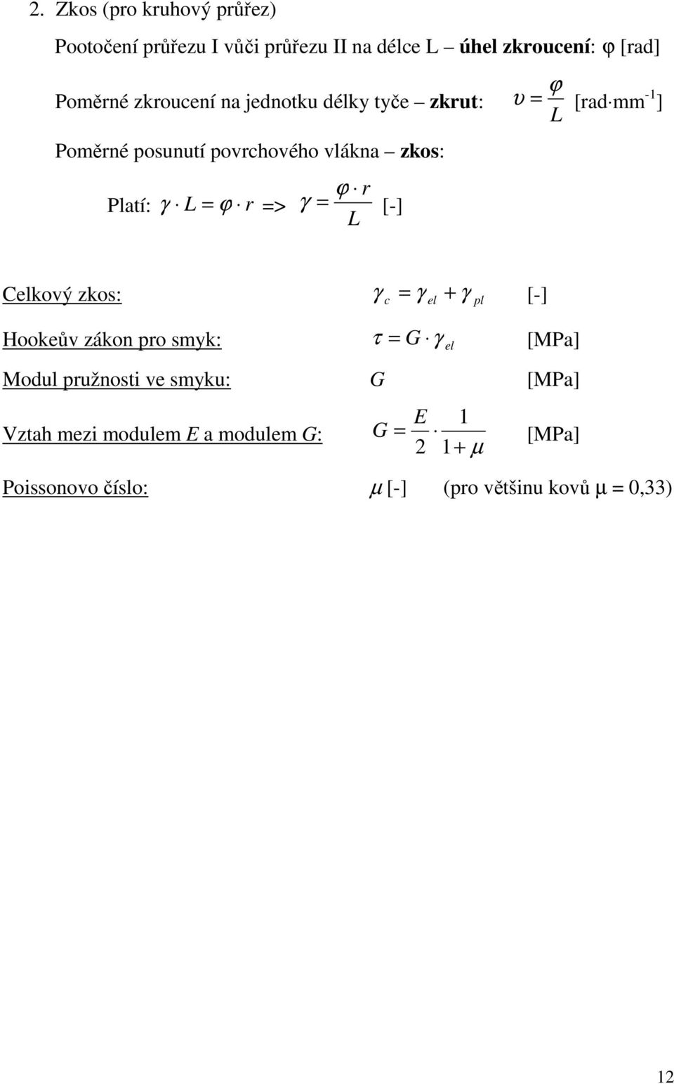 ϕ υ = [rad mm -1 ] L Celkový zkos: Hookeův zákon pro smyk: γ = γ + γ [-] c el el pl τ = G γ [MPa] Modul pružnosti